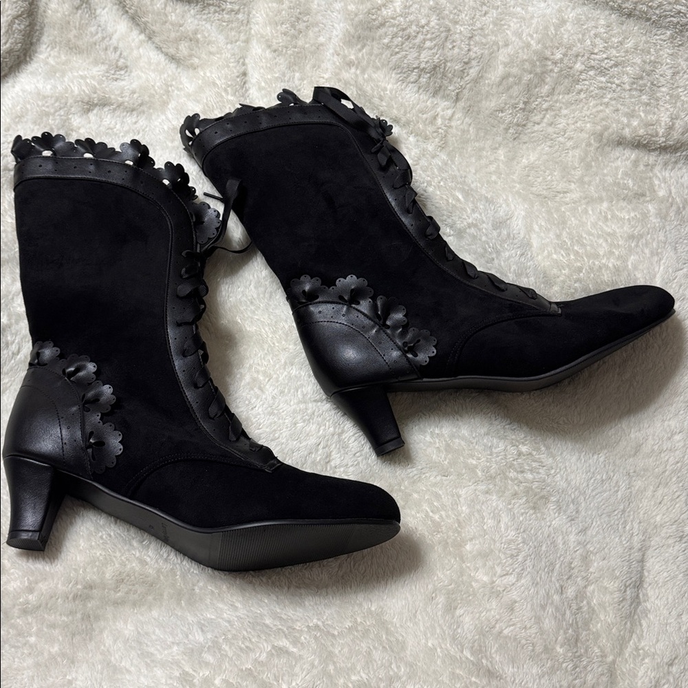 Victorian Boots Lace Up Renaissance Goth Vintage Ruffles  Mid Heels Granny - Picture 5 of 13